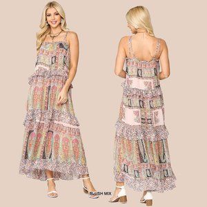 Gigio Floral Paisley Maxi Dress • NWT • Tiered Ruffles • Spaghetti Straps • Boho